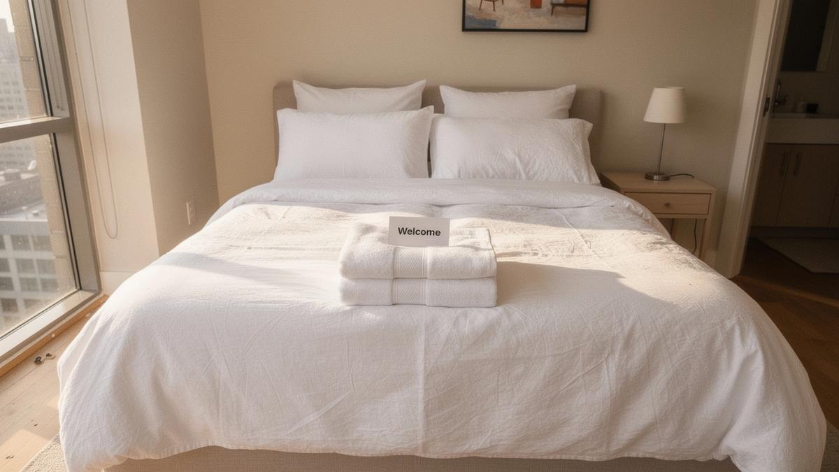Made bed and folded towels in a city rental flat prepared for the next guest